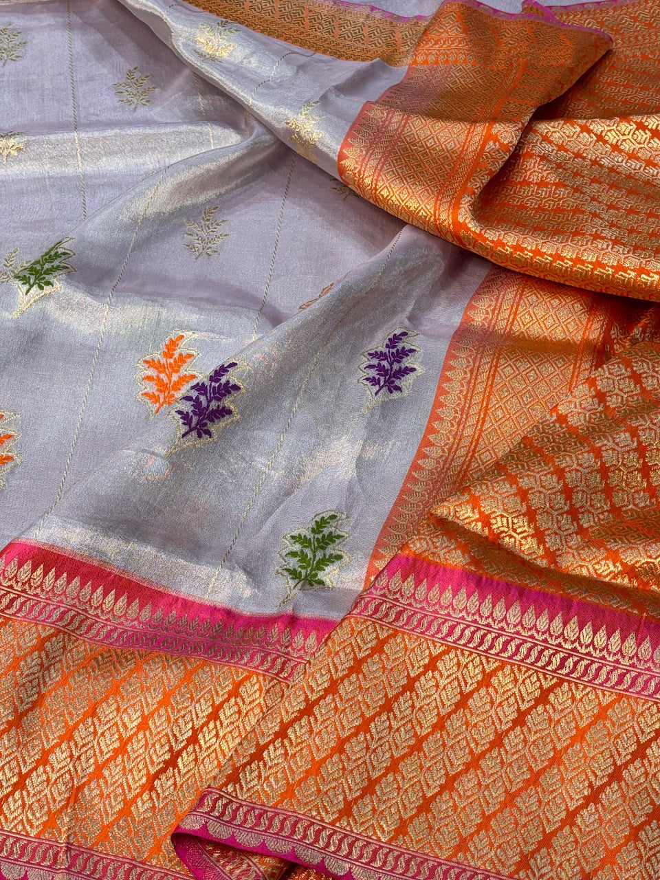 Grey Banarasi Katan Tissue Silk Handwoven Saree
