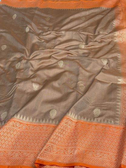 Muted Grey Banarasi Pure Katan Silk Iktara Saree