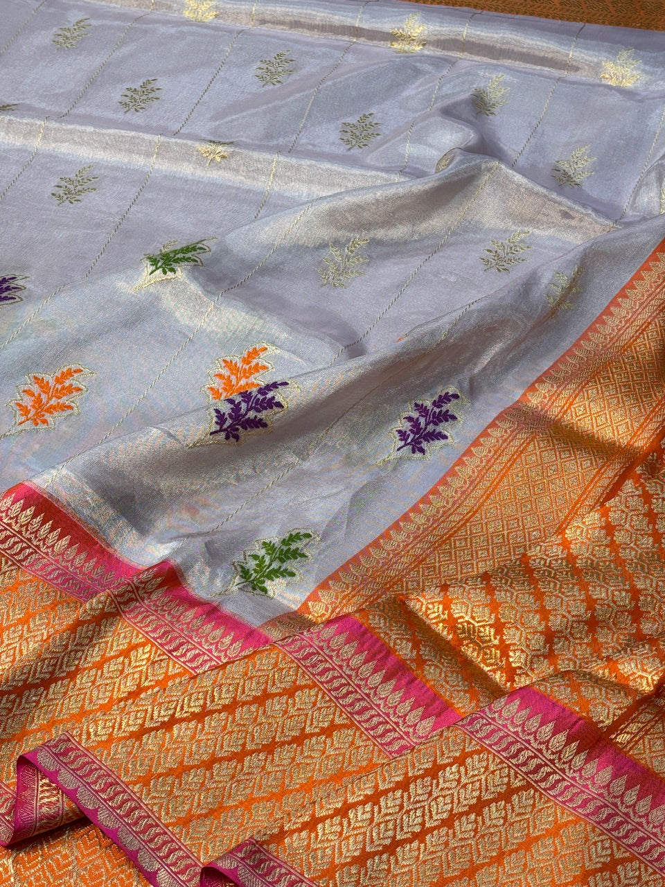 Grey Banarasi Katan Tissue Silk Handwoven Saree