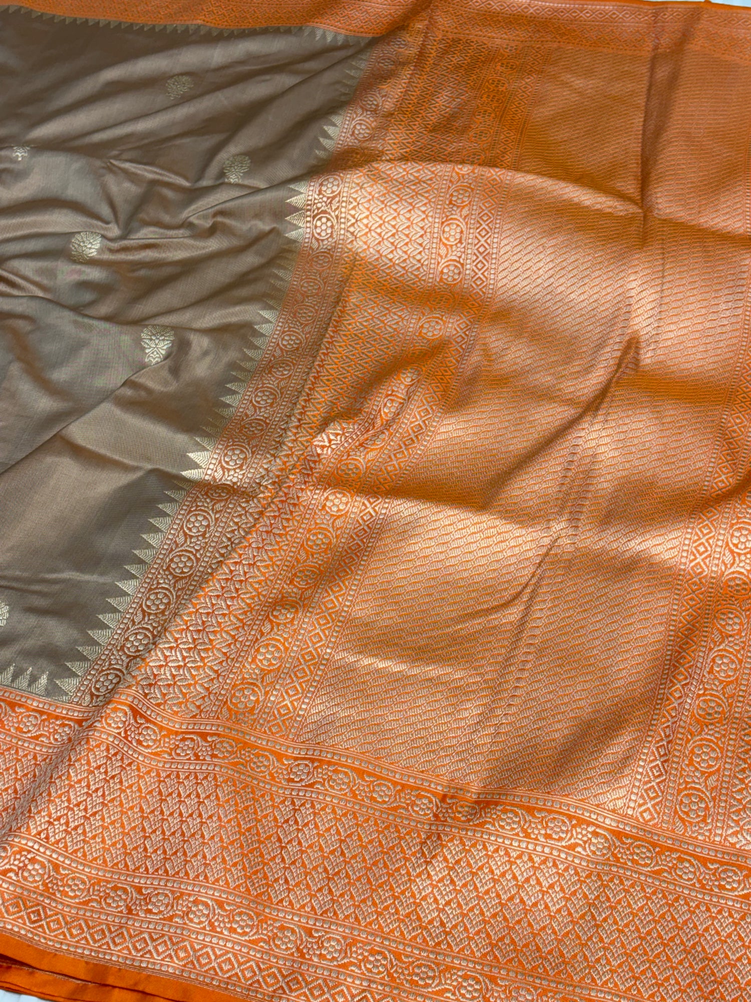 Muted Grey Banarasi Pure Katan Silk Iktara Saree