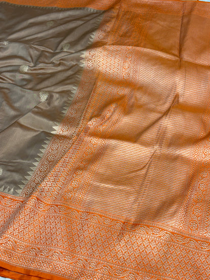 Muted Grey Banarasi Pure Katan Silk Iktara Saree