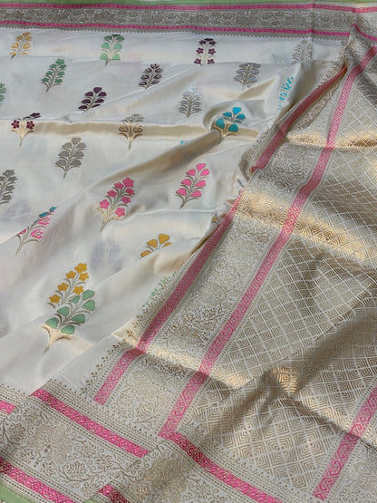 Ivory Pure Banarasi Katan Silk Handwoven Saree