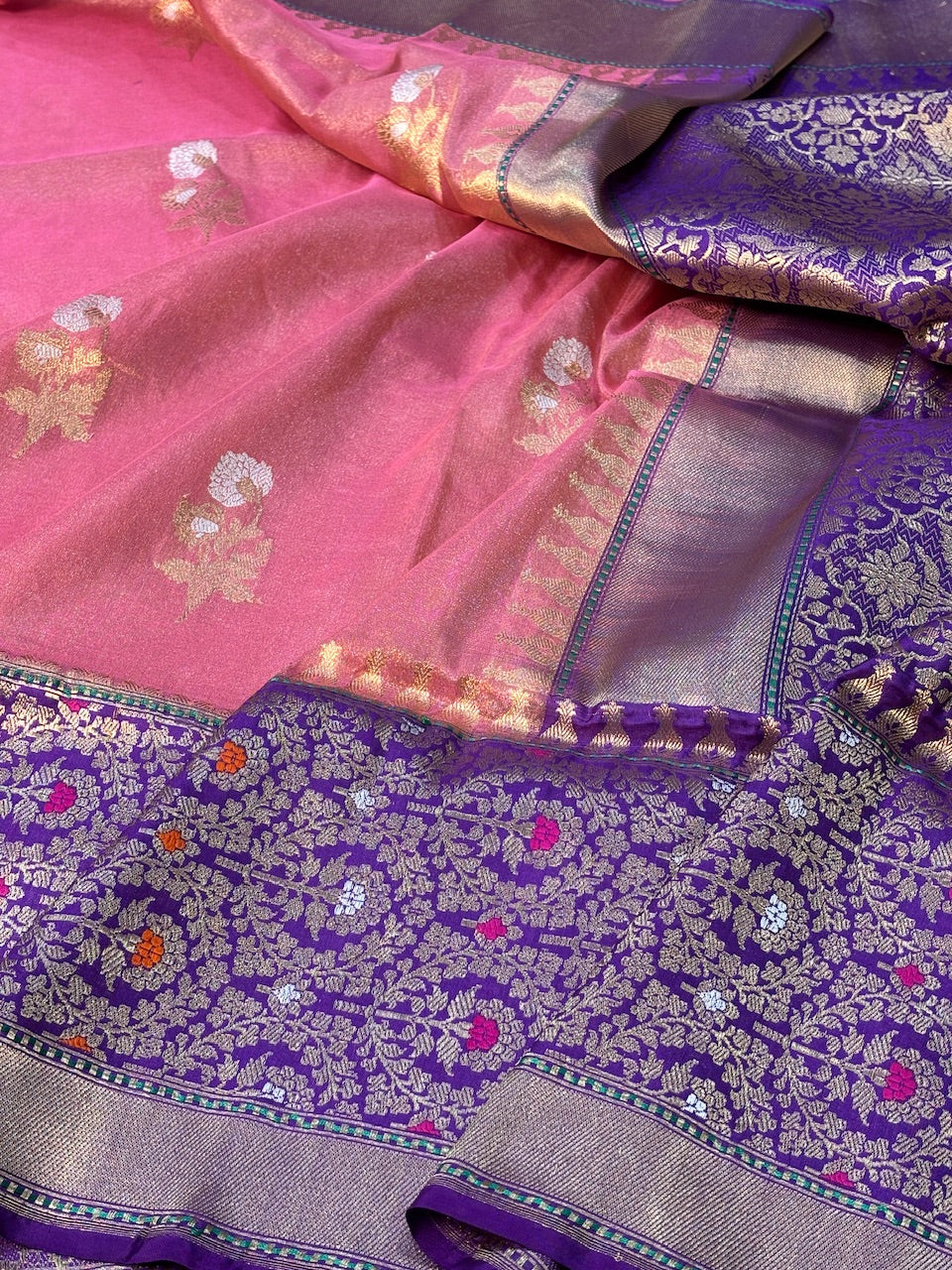 Pink Banarasi Katan Tissue Silk Handwoven Saree