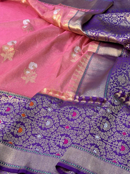 Pink Banarasi Katan Tissue Silk Handwoven Saree