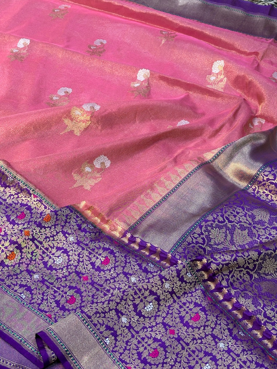 Pink Banarasi Katan Tissue Silk Handwoven Saree
