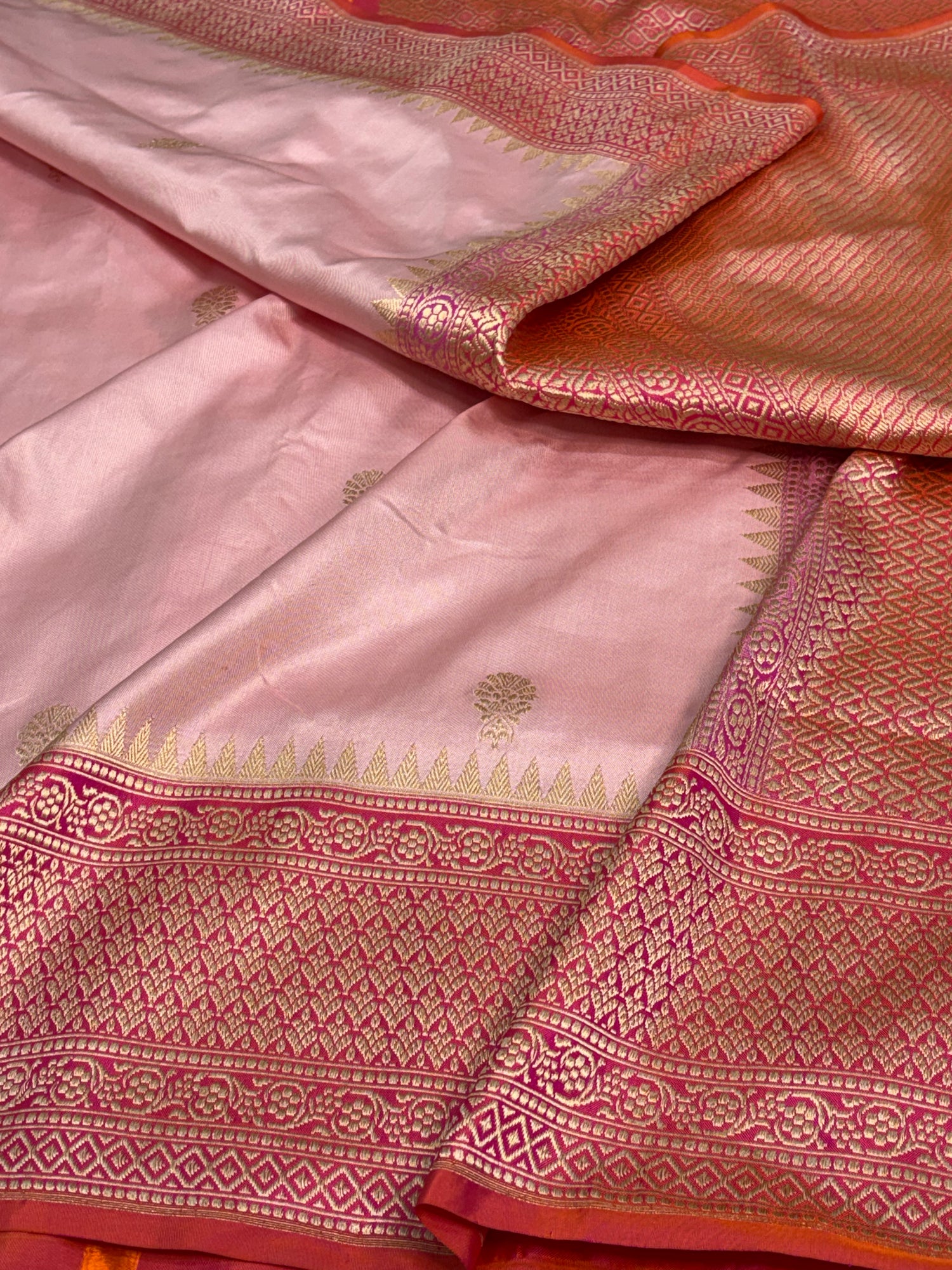 Baby Pink Banarasi Pure Katan Silk Saree with Dark Pink Katan Silk border