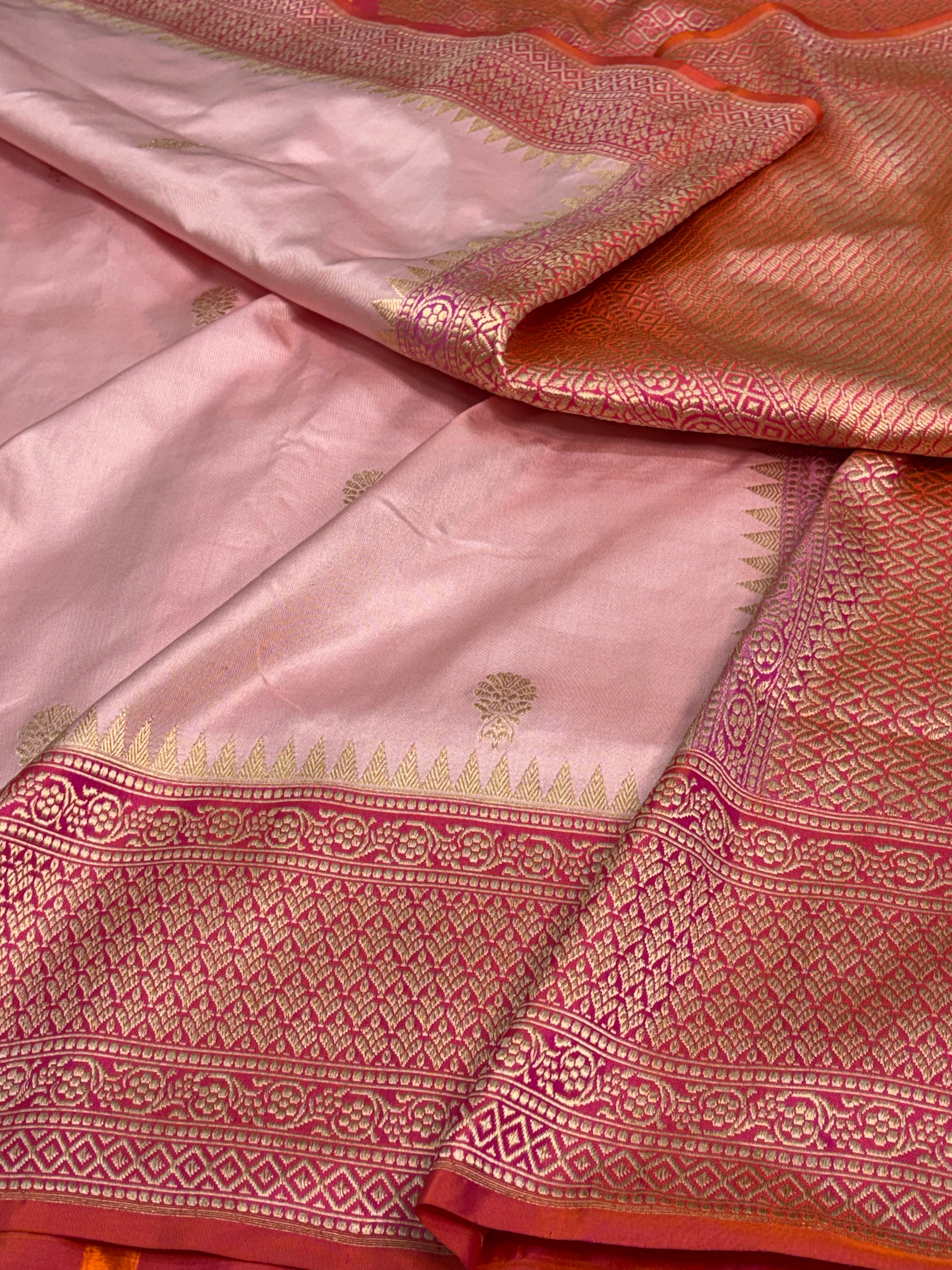 Baby Pink Banarasi Pure Katan Silk Saree with Dark Pink Katan Silk border