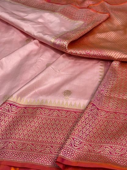 Baby Pink Banarasi Pure Katan Silk Saree with Dark Pink Katan Silk border