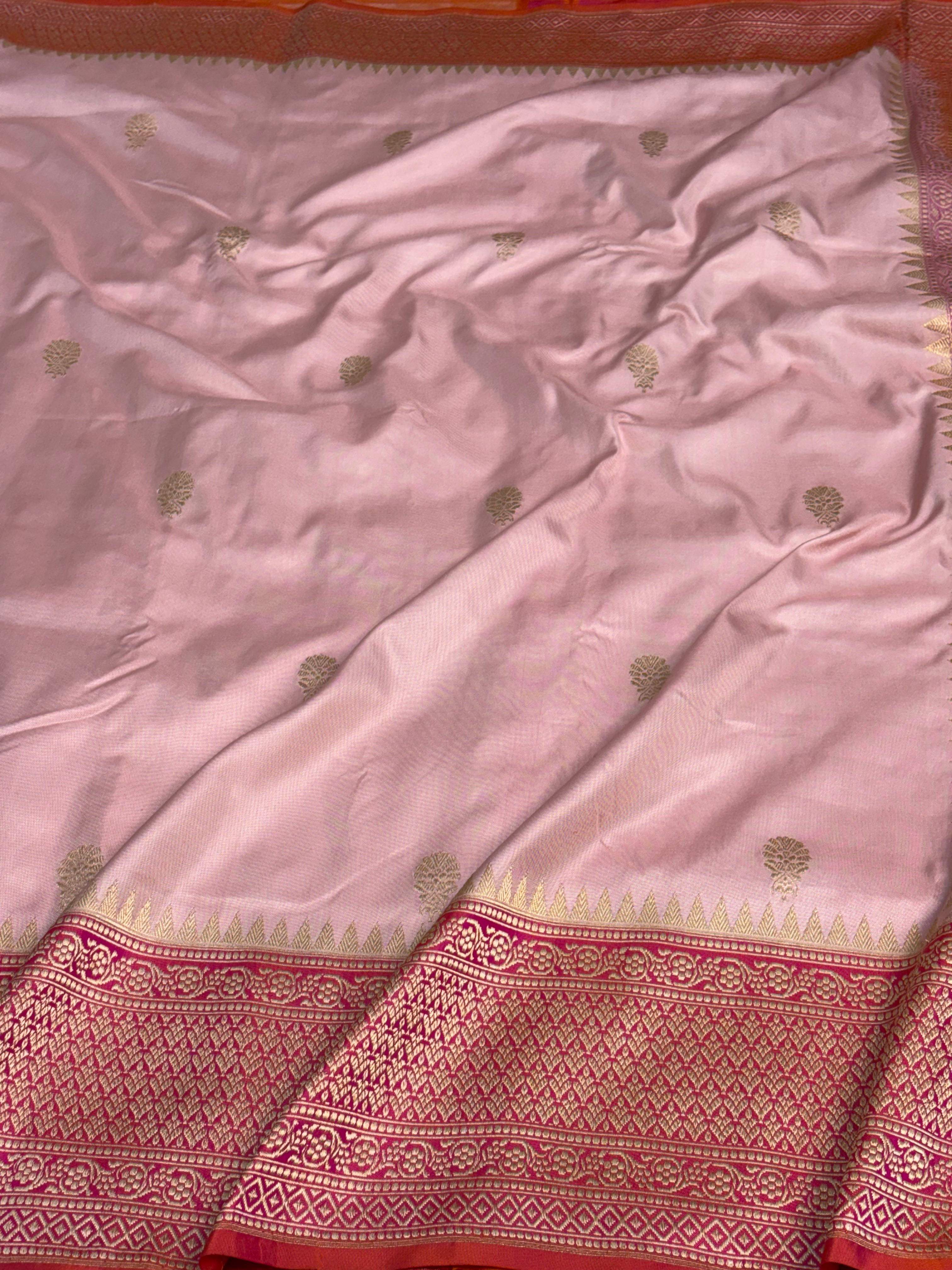 Baby Pink Banarasi Pure Katan Silk Saree with Dark Pink Katan Silk border