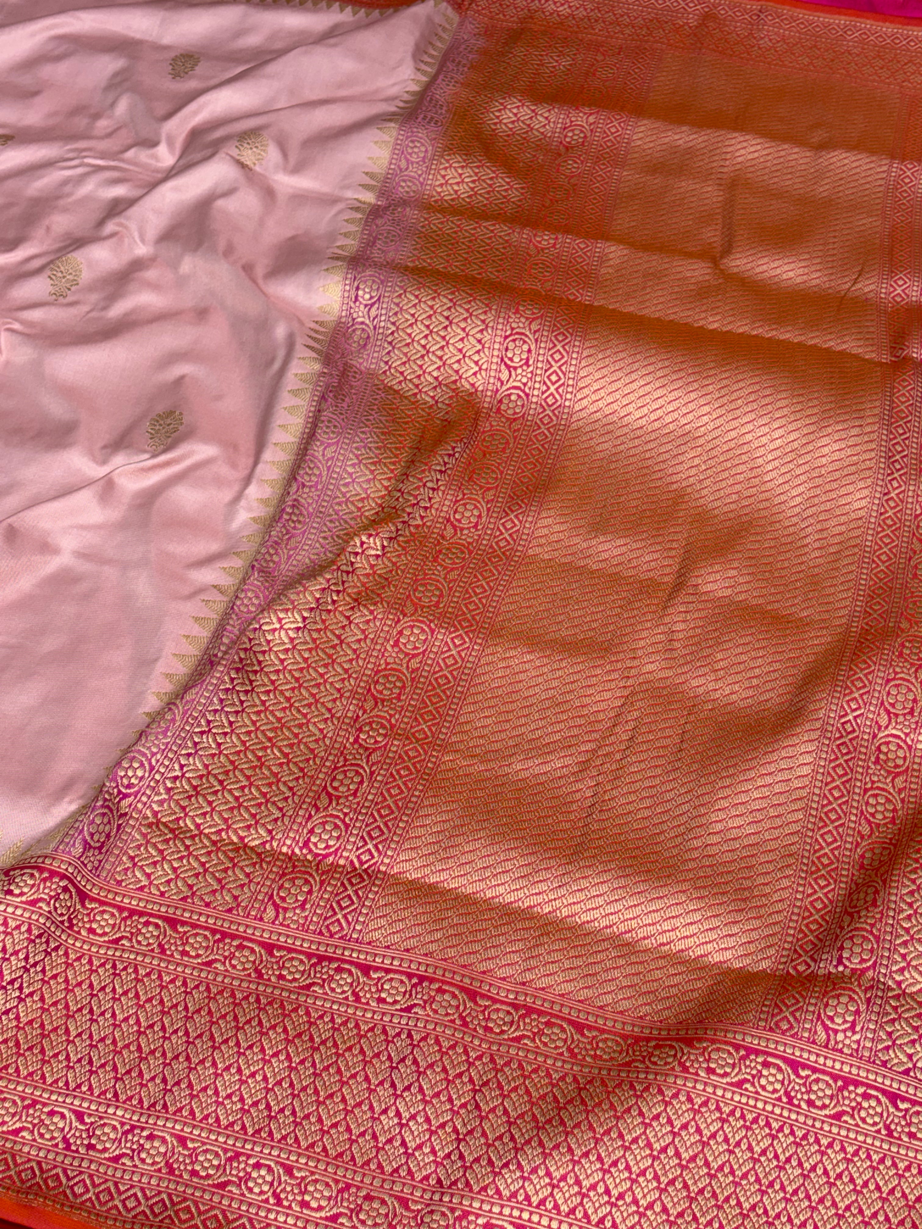 Baby Pink Banarasi Pure Katan Silk Saree with Dark Pink Katan Silk border