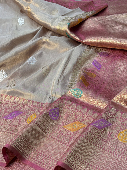 Ivory Banarasi Katan Tissue Silk Handwoven Saree