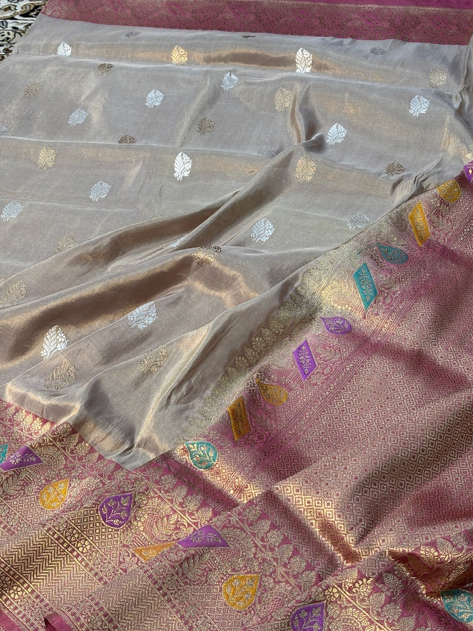 Ivory Banarasi Katan Tissue Silk Handwoven Saree