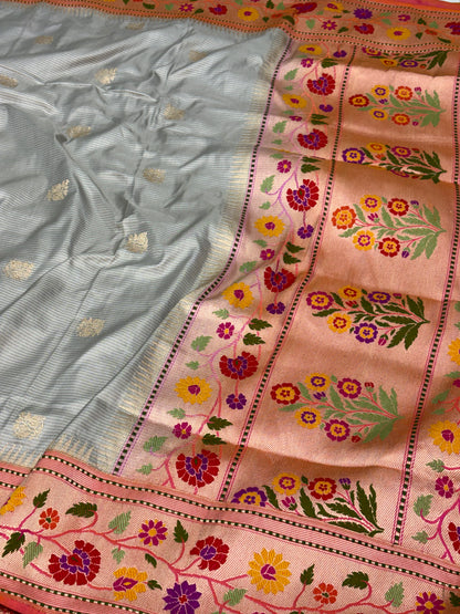 Handwoven Grey Banarasi Saree with Pink Kadhiyal Meenakari Katan Silk Paithani border