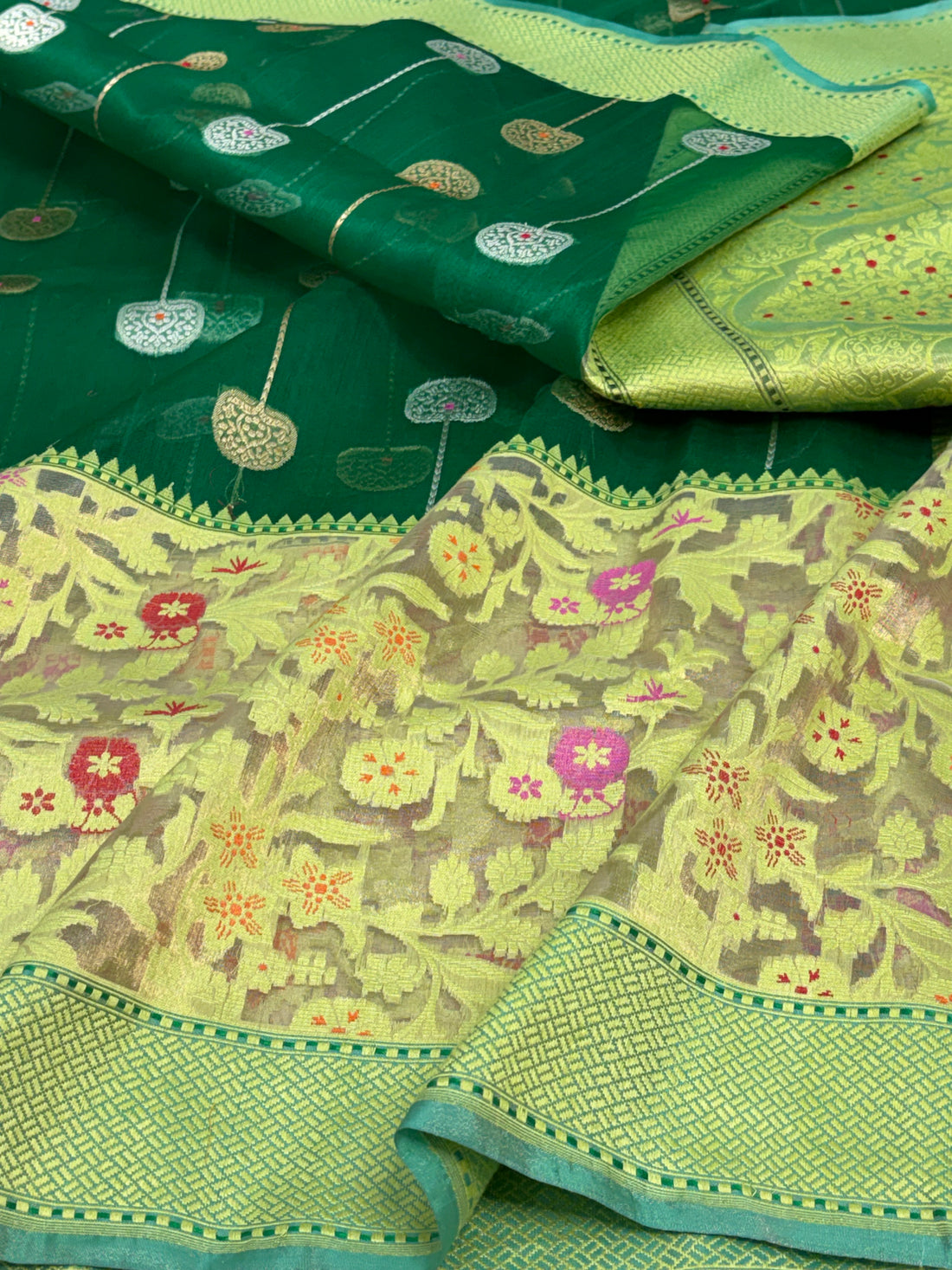 Bottle Green Banarasi Pure Kora Iktara Saree