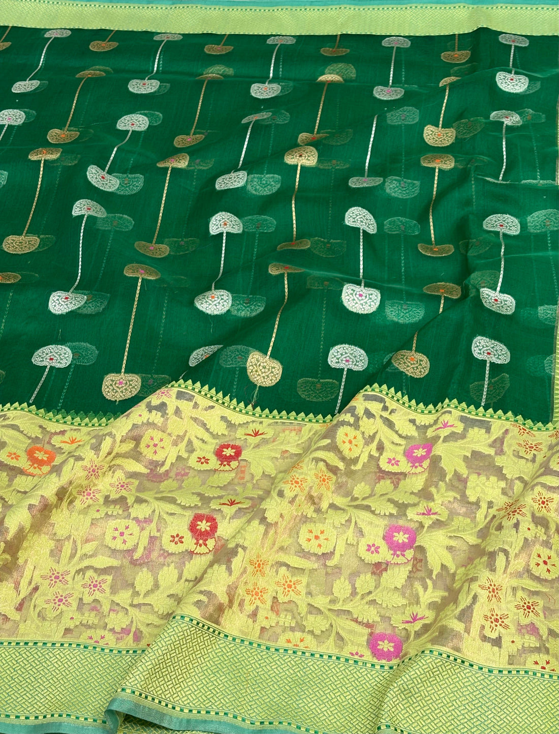 Bottle Green Banarasi Pure Kora Iktara Saree