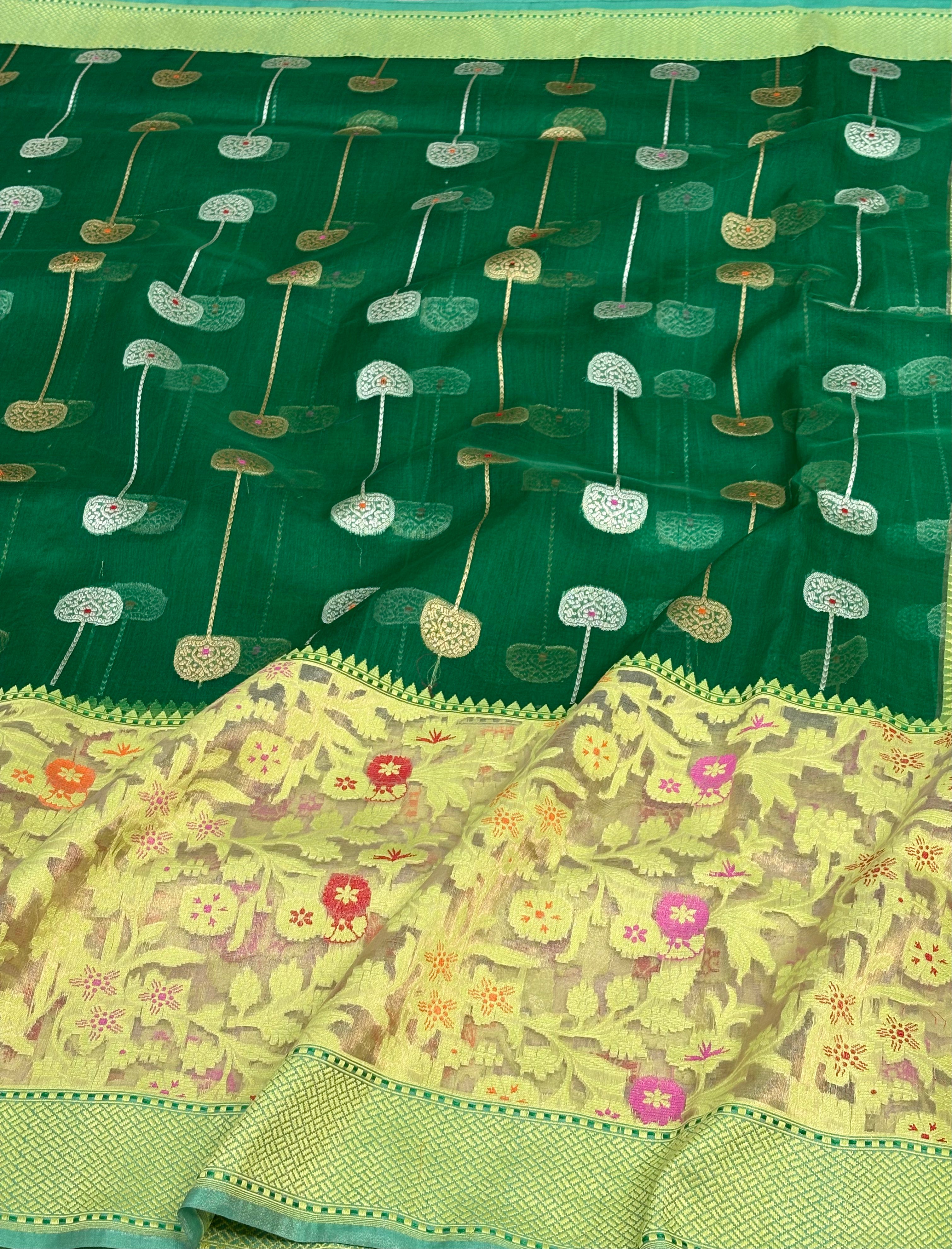Bottle Green Banarasi Pure Kora Iktara Saree