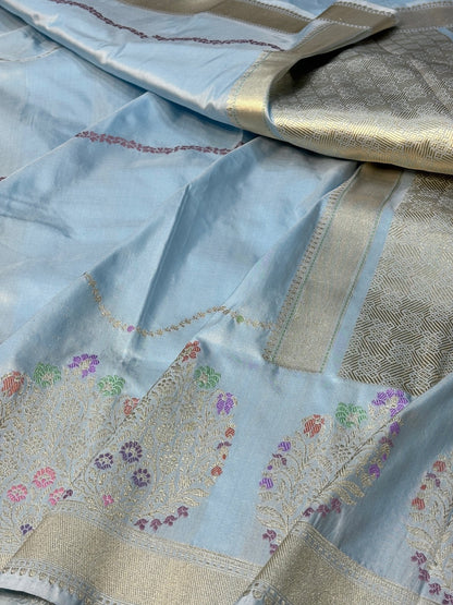 Ocean Blue Pure Banarasi Katan Silk Handwoven Saree