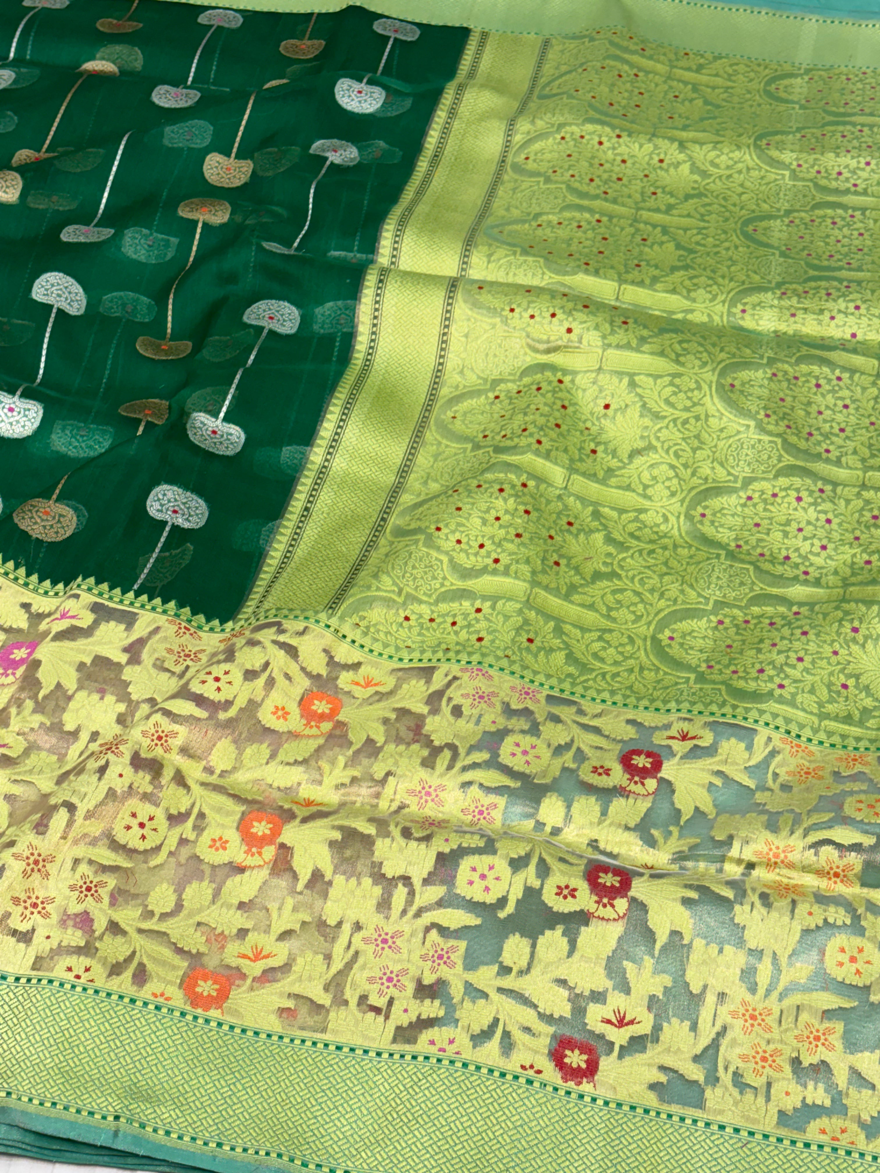 Bottle Green Banarasi Pure Kora Iktara Saree