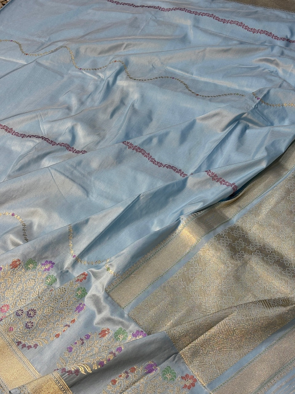 Ocean Blue Pure Banarasi Katan Silk Handwoven Saree