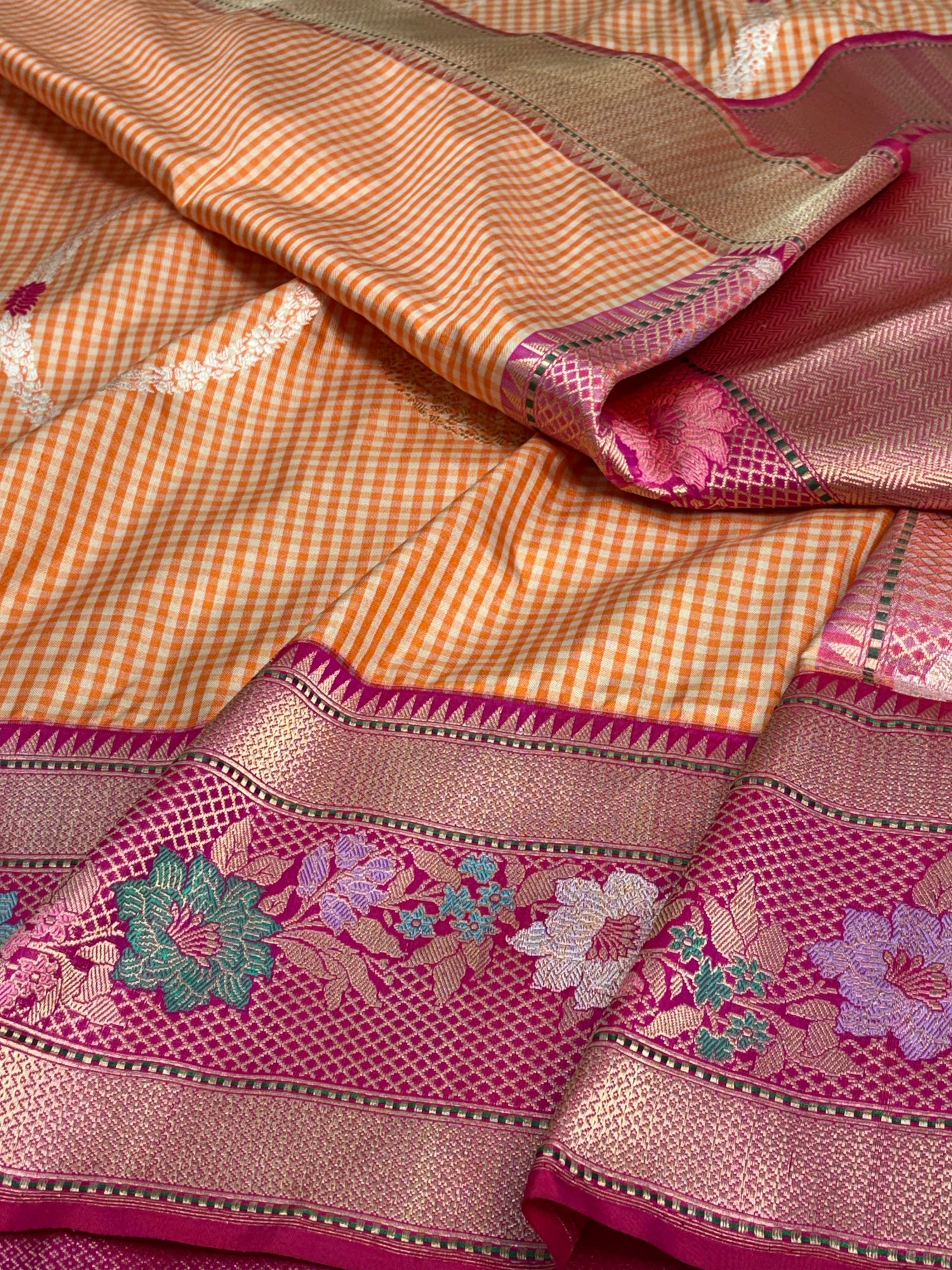 Modern Banarasi Orange Checks Pure Katan Silk Saree