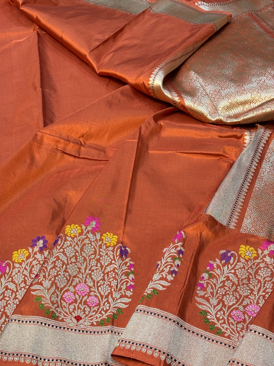 Rust Orange Pure Banarasi Katan Silk Handwoven Saree