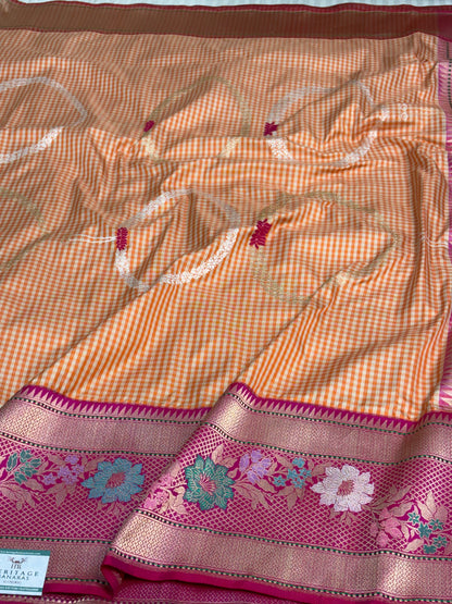 Modern Banarasi Orange Checks Pure Katan Silk Saree