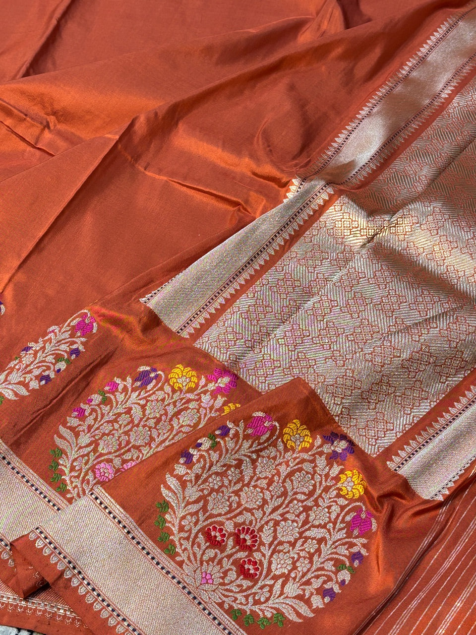 Rust Orange Pure Banarasi Katan Silk Handwoven Saree