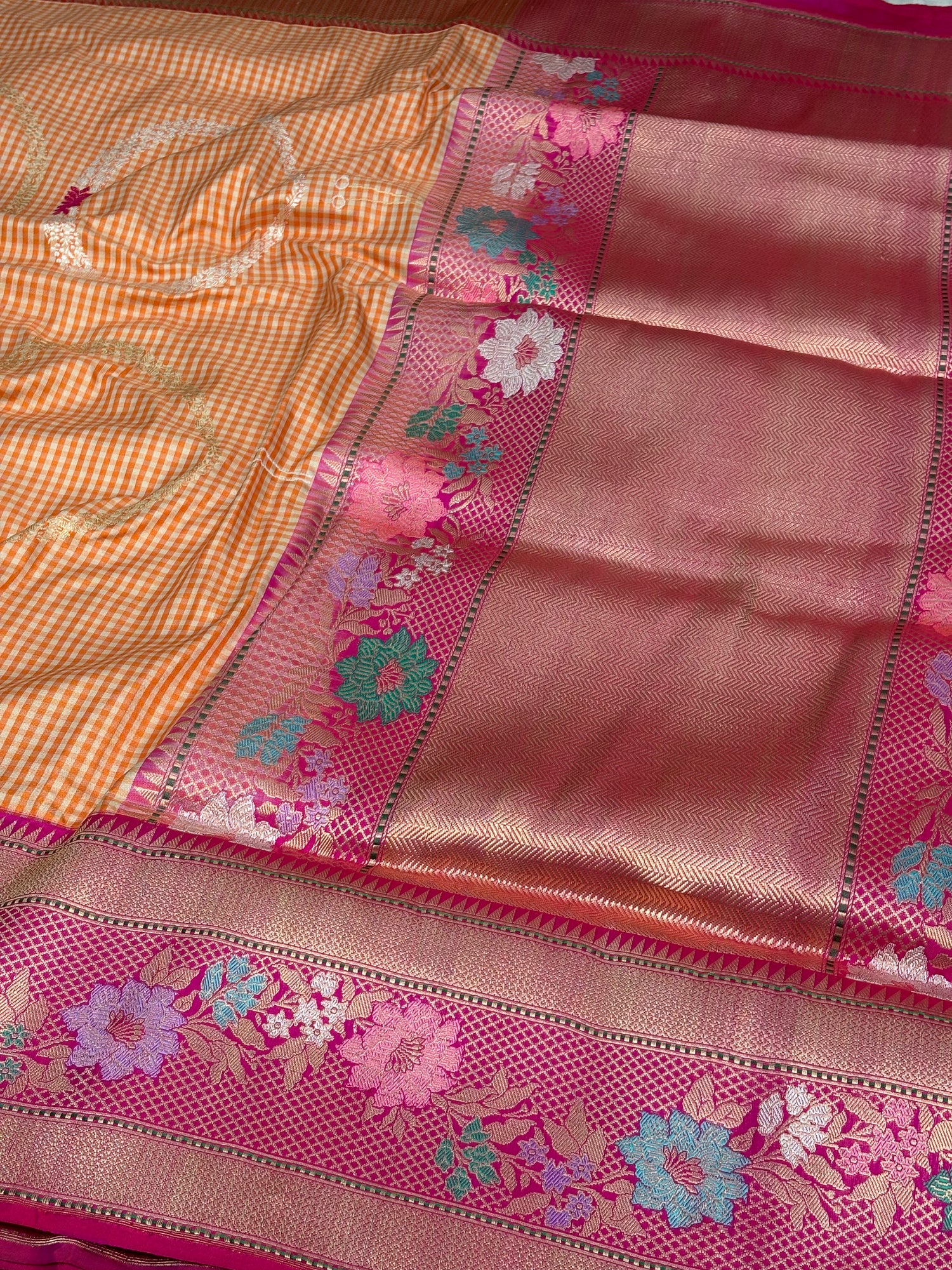 Modern Banarasi Orange Checks Pure Katan Silk Saree