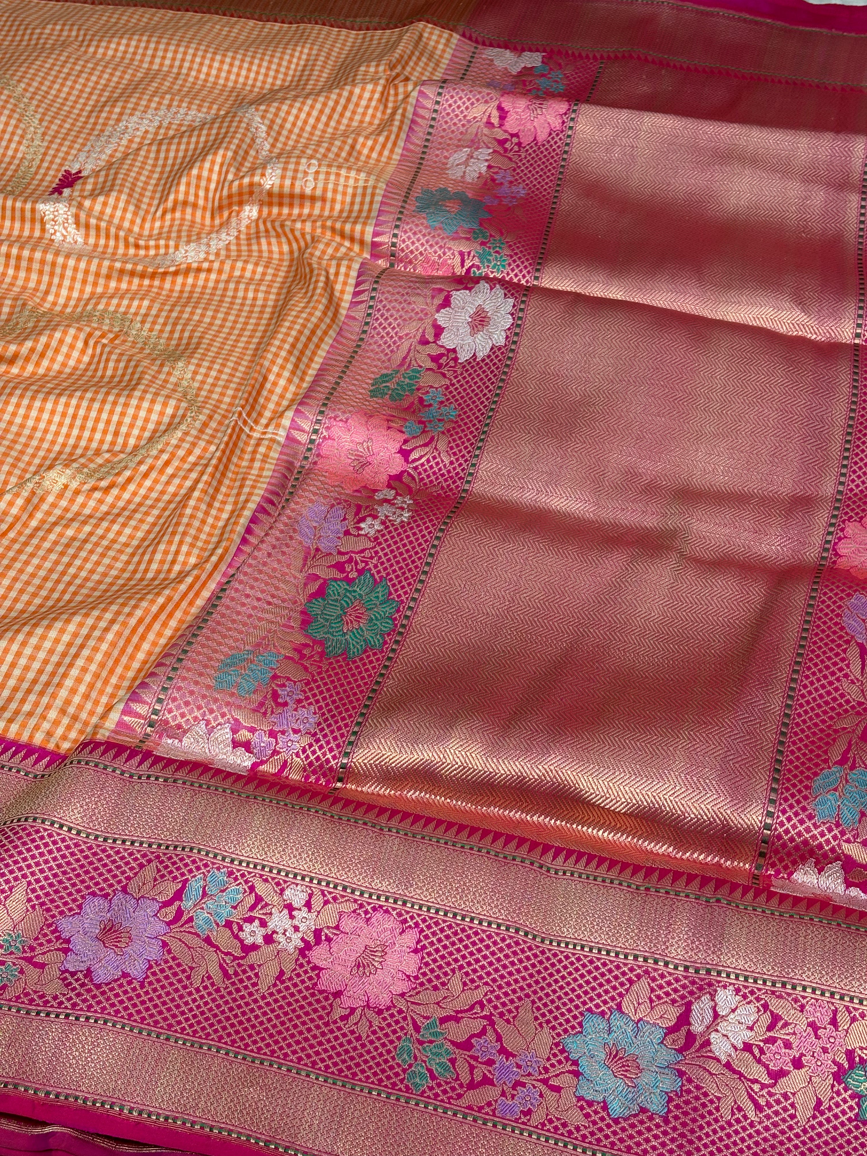 Modern Banarasi Orange Checks Pure Katan Silk Saree