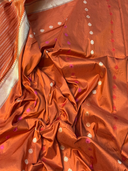 Rust Orange Pure Banarasi Katan Silk Handwoven Saree