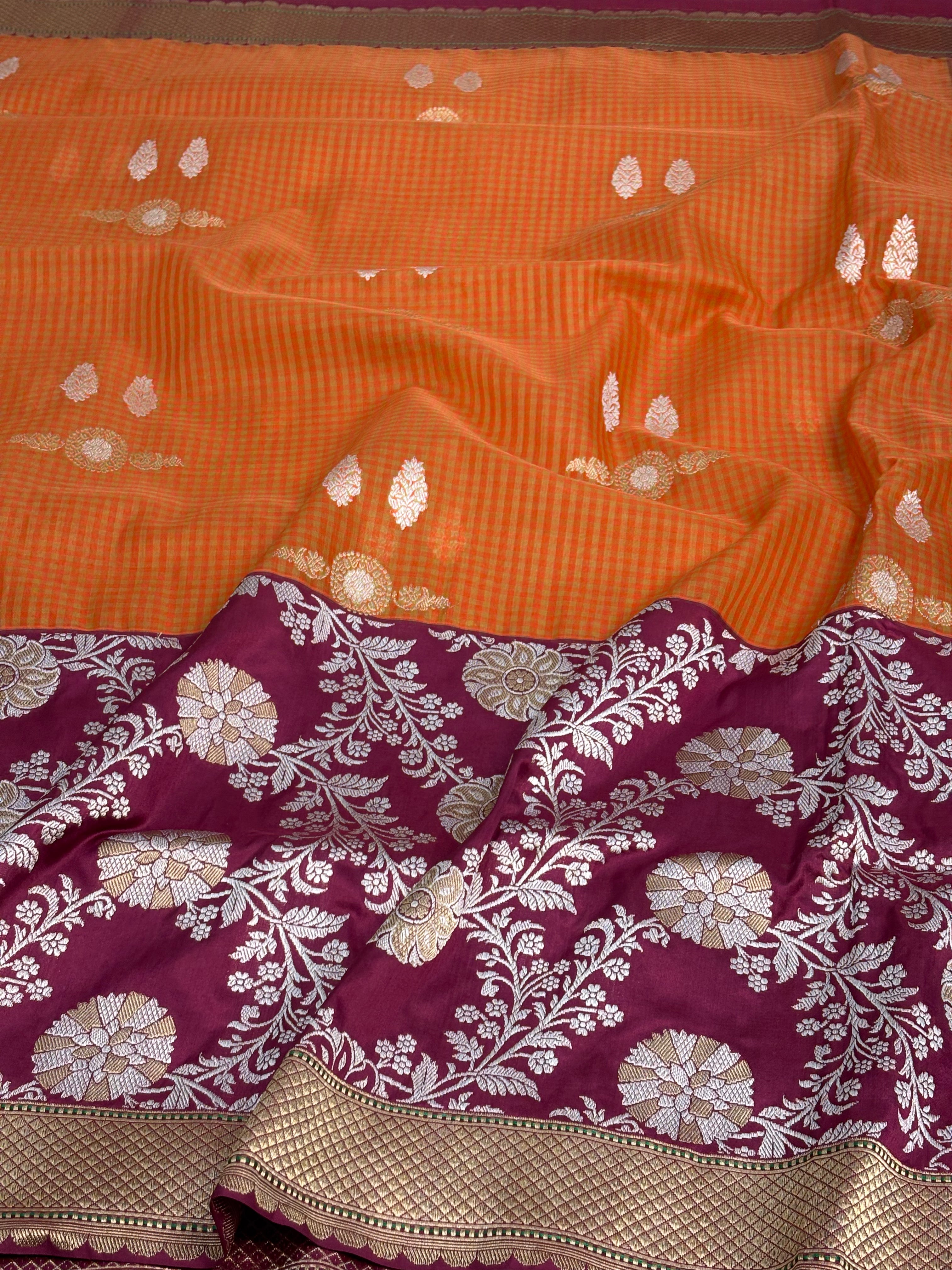 Orange Checks Banarasi Saree and Red Kadhiyal Katan Silk Jaal Border