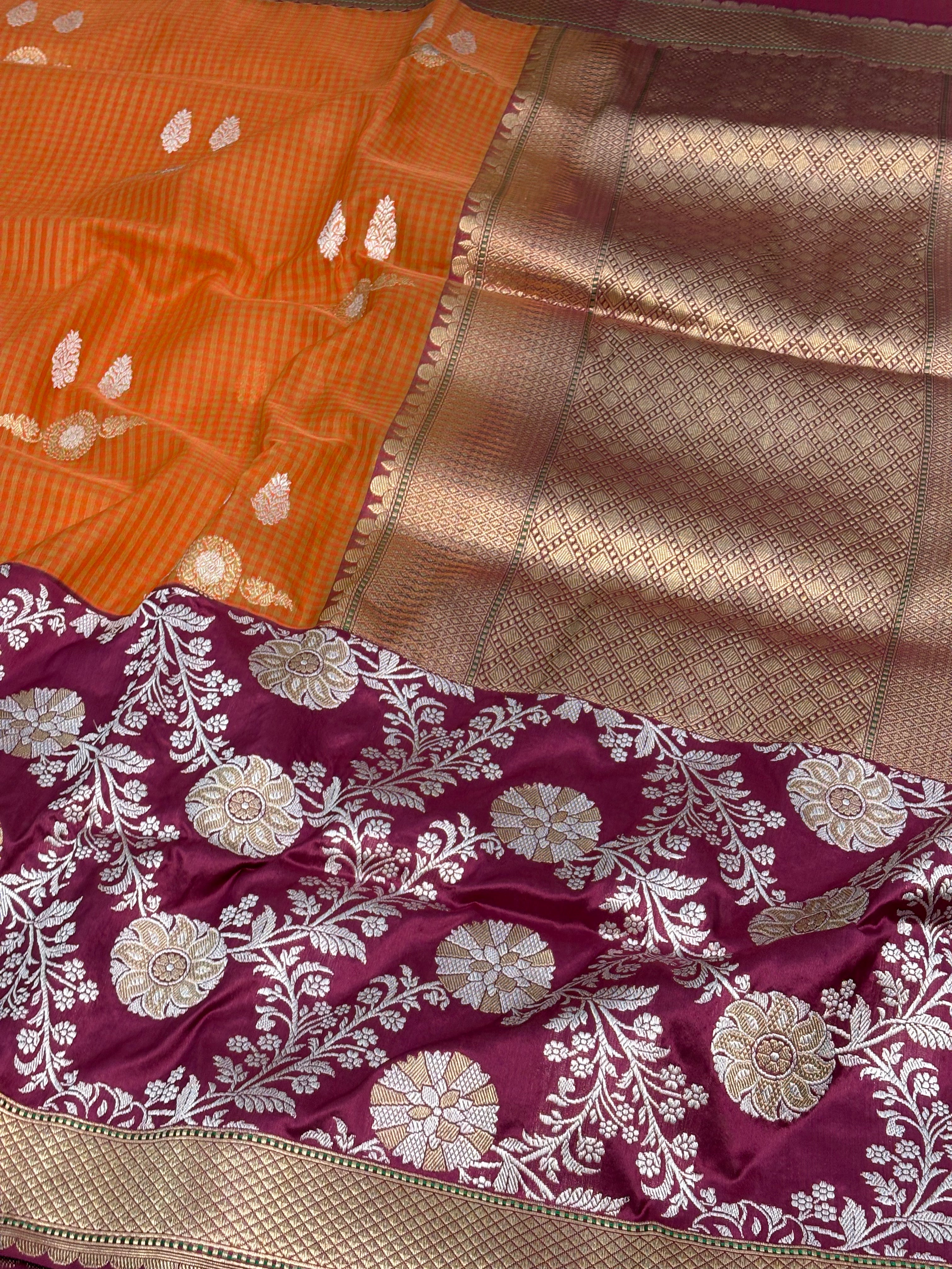 Orange Checks Banarasi Saree and Red Kadhiyal Katan Silk Jaal Border