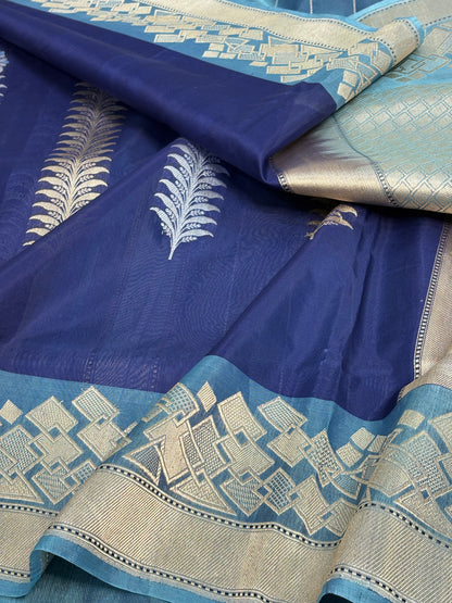 Navy Blue Designer Banarasi Pure Kora Silk Saree