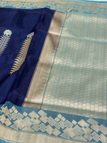 Navy Blue Designer Banarasi Pure Kora Silk Saree
