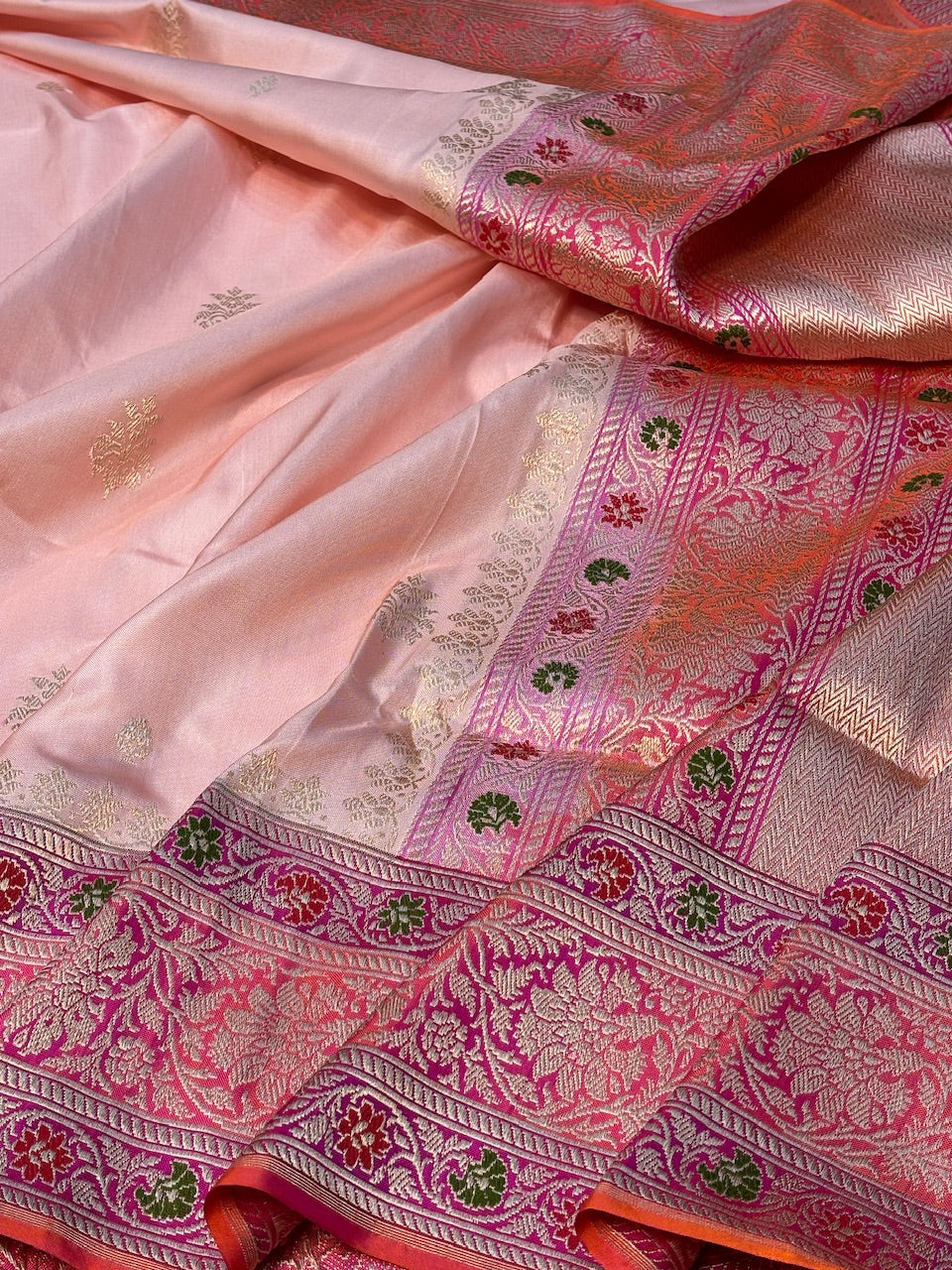 Pink Peach Pure Banarasi Ektara  Silk Handwoven Saree
