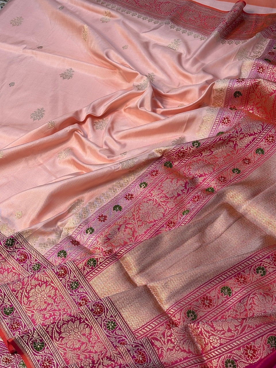Pink Peach Pure Banarasi Ektara  Silk Handwoven Saree