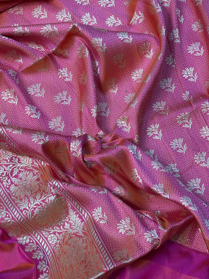 Pink Peach Pure Banarasi Ektara  Silk Handwoven Saree