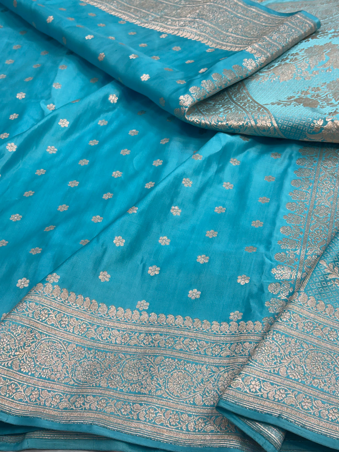 Turquoise Blue Handwoven Pure Satin Silk Banarasi Saree