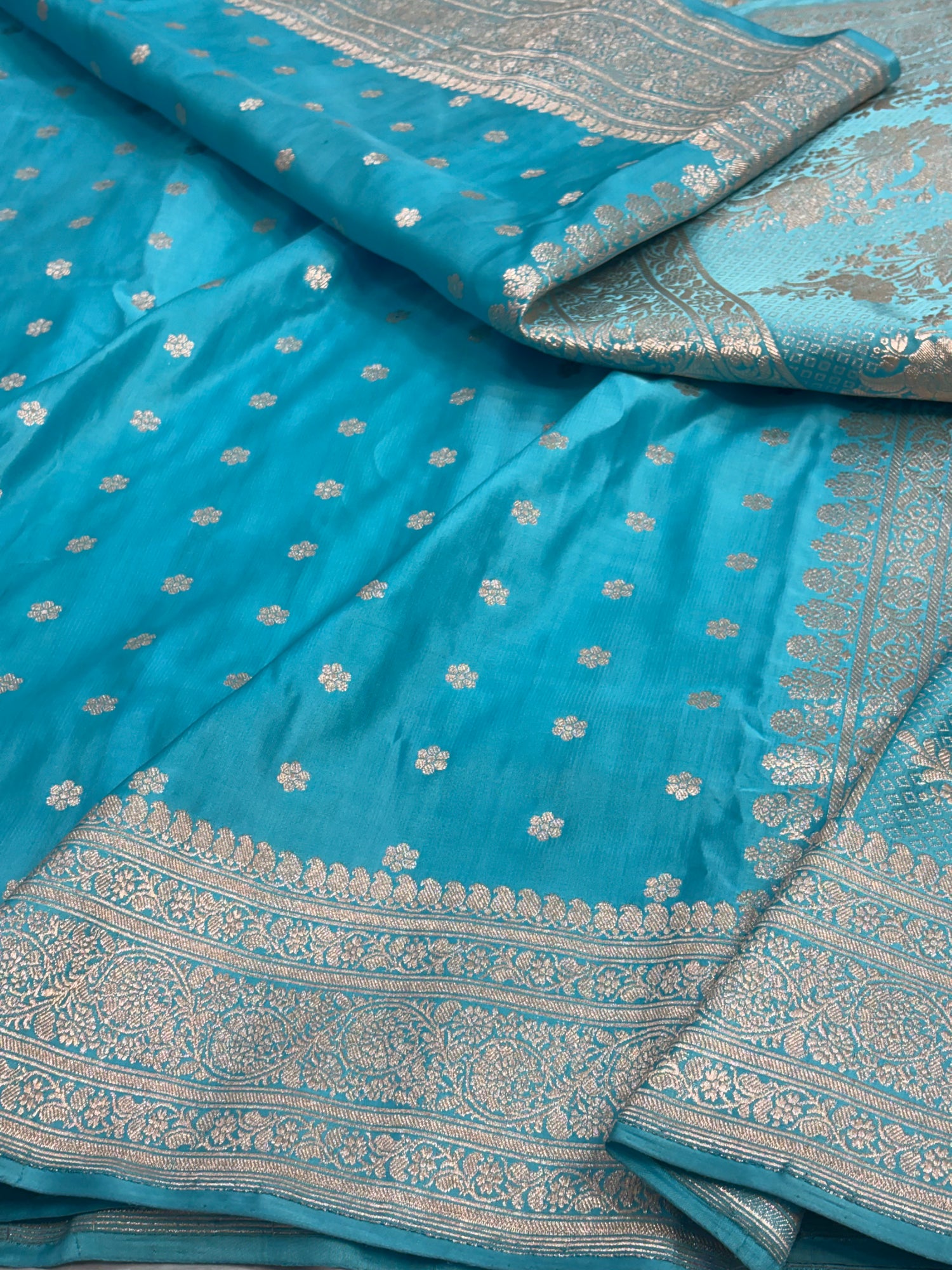 Turquoise Blue Handwoven Pure Satin Silk Banarasi Saree