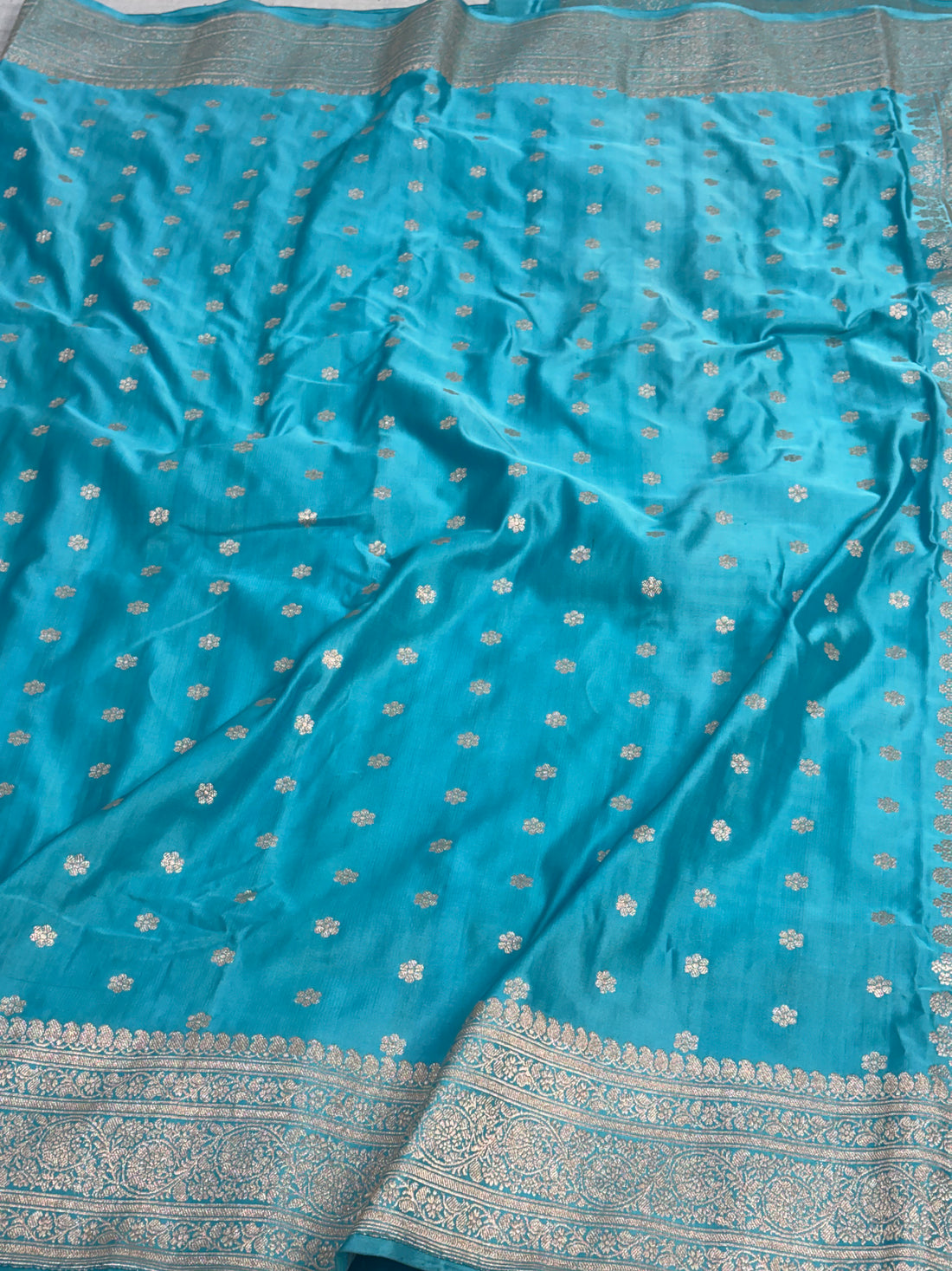 Turquoise Blue Handwoven Pure Satin Silk Banarasi Saree