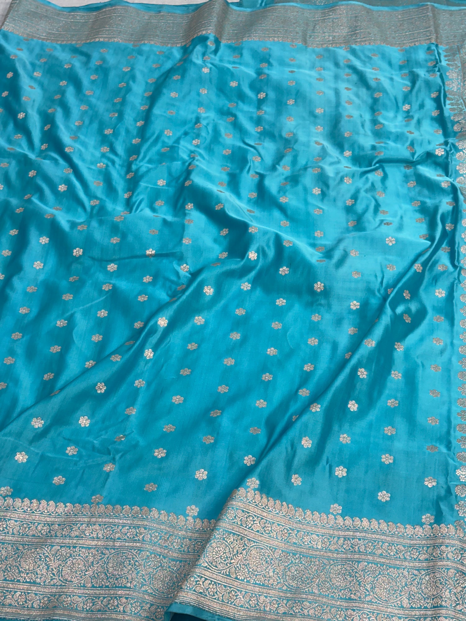 Turquoise Blue Handwoven Pure Satin Silk Banarasi Saree