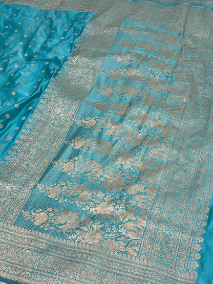 Turquoise Blue Handwoven Pure Satin Silk Banarasi Saree