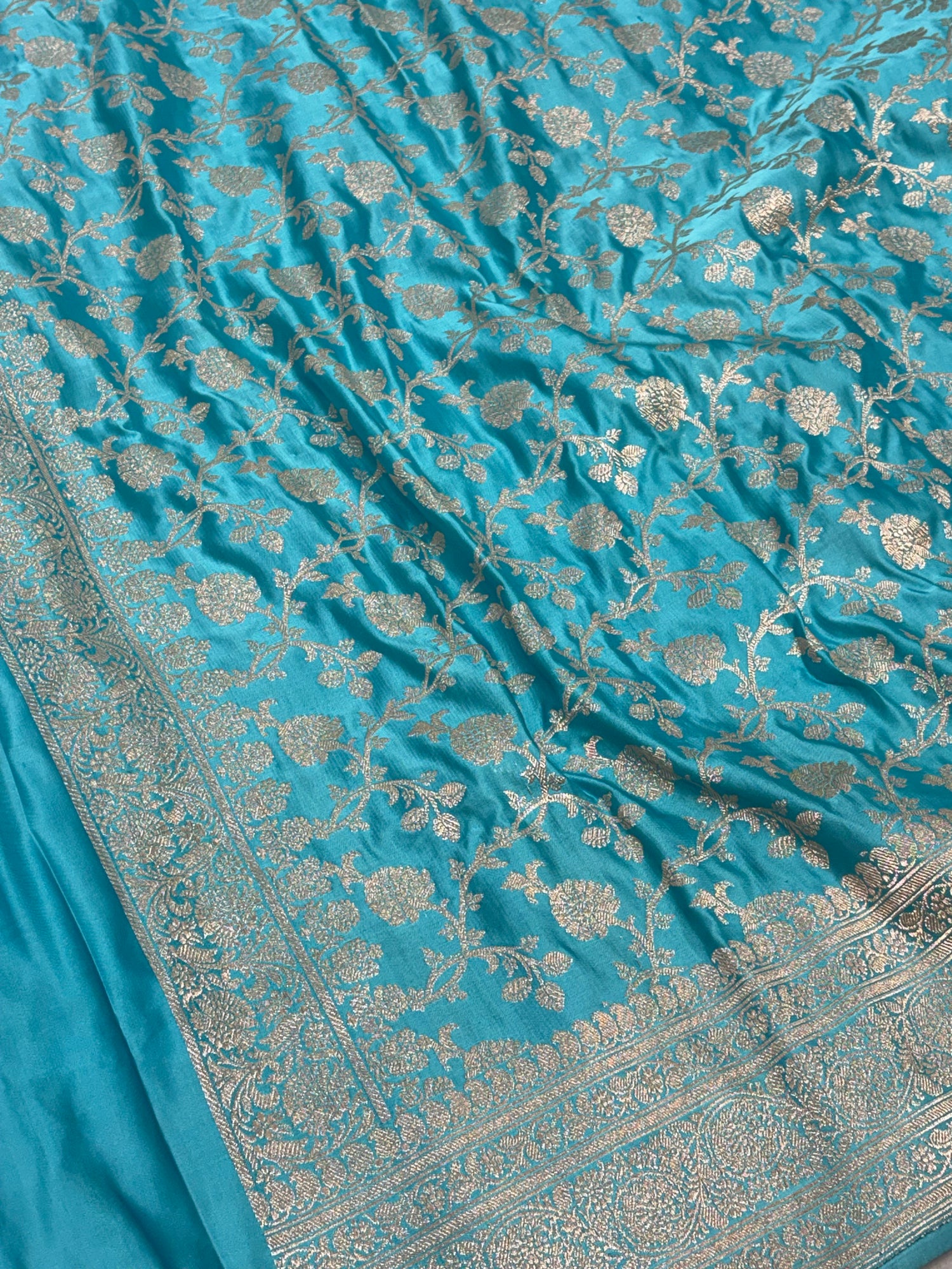 Turquoise Blue Handwoven Pure Satin Silk Banarasi Saree