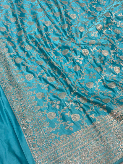 Turquoise Blue Handwoven Pure Satin Silk Banarasi Saree