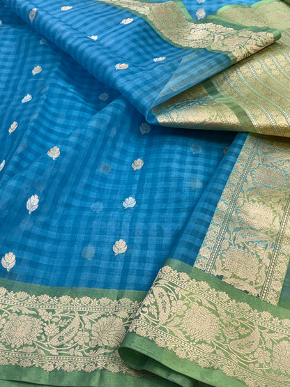 Handwoven Banarasi Pure Kora Silk Checks Saree