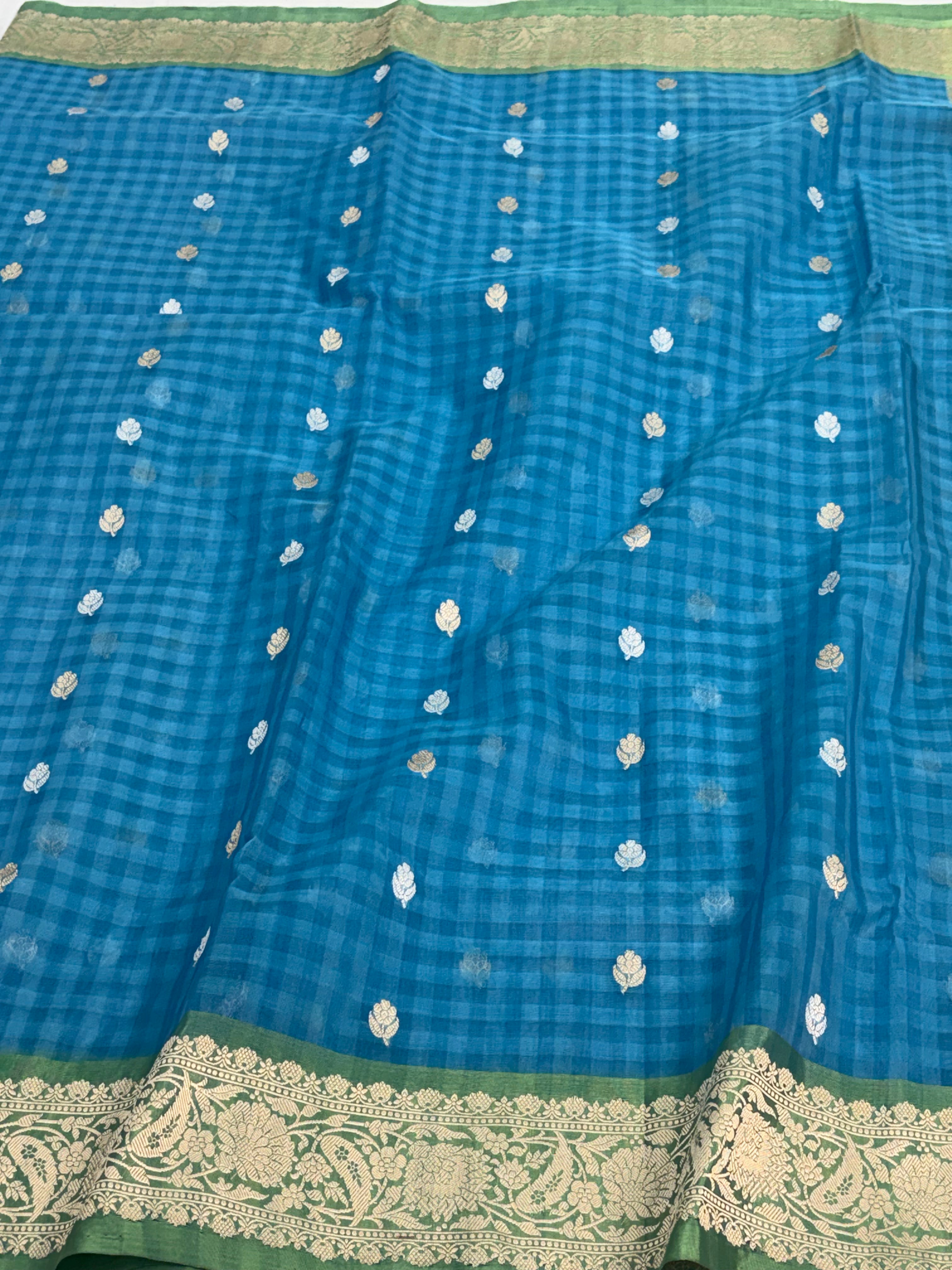 Handwoven Banarasi Pure Kora Silk Checks Saree