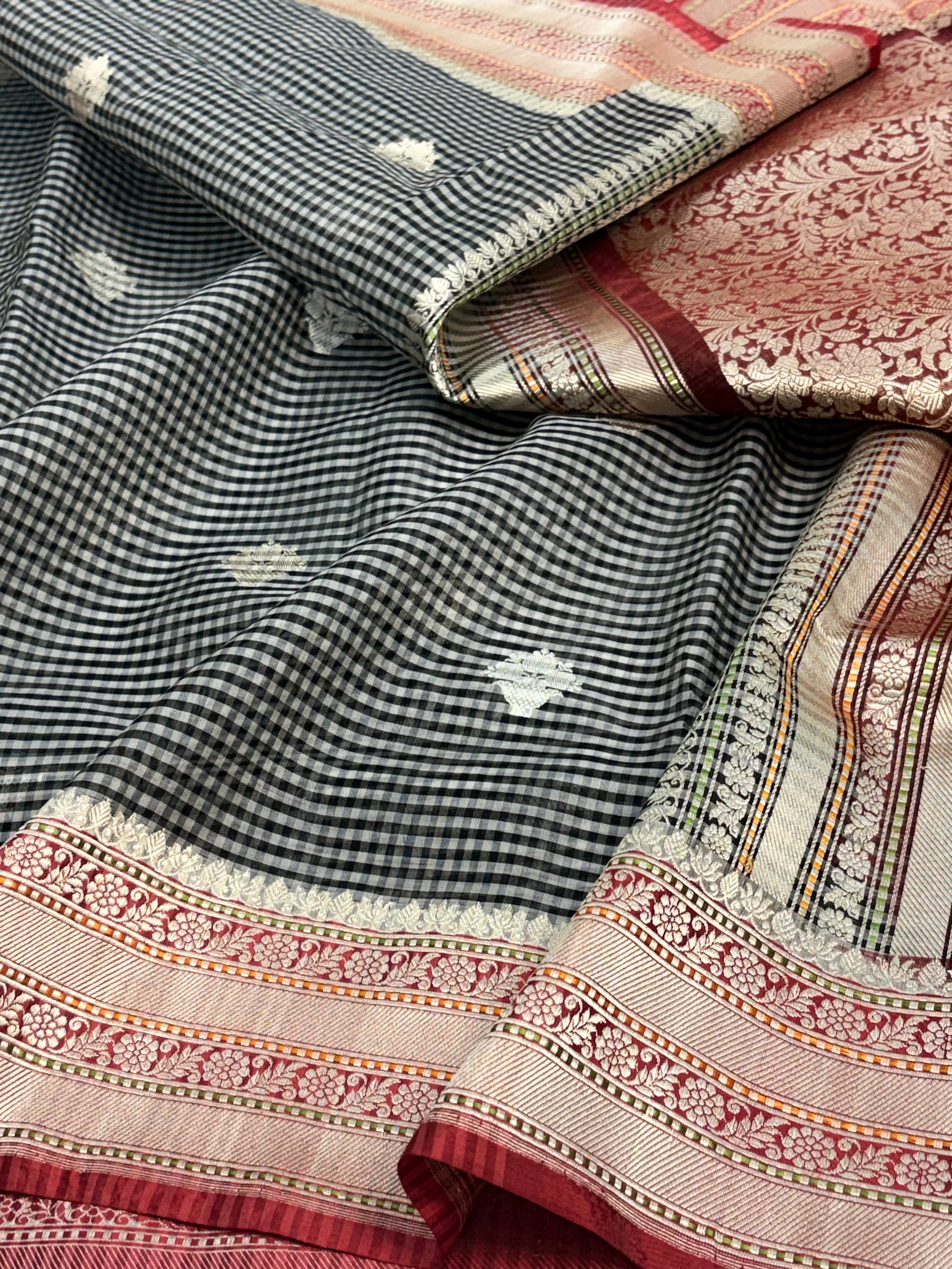 Modern Checks Banarasi Saree with Red Katan Silk Border Weaving
