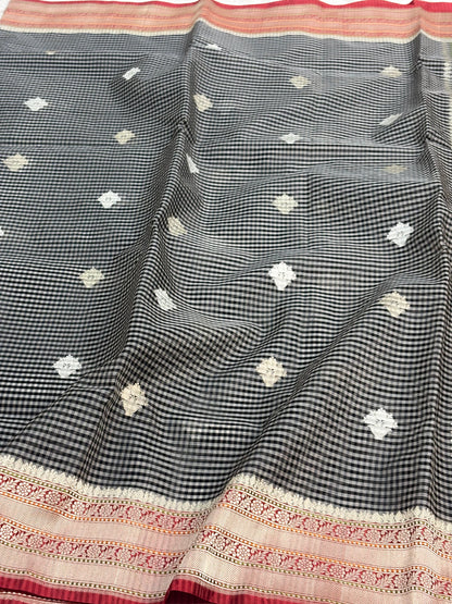Modern Checks Banarasi Saree with Red Katan Silk Border Weaving