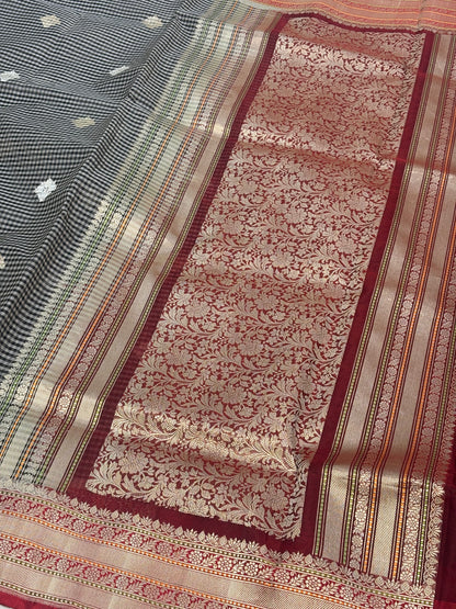 Modern Checks Banarasi Saree with Red Katan Silk Border Weaving