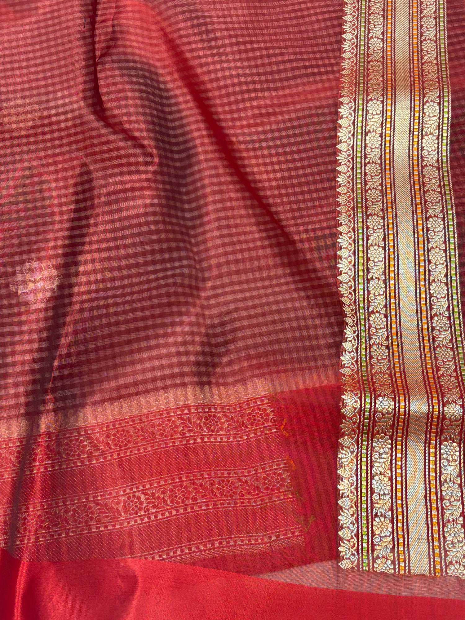 Modern Checks Banarasi Saree with Red Katan Silk Border Weaving
